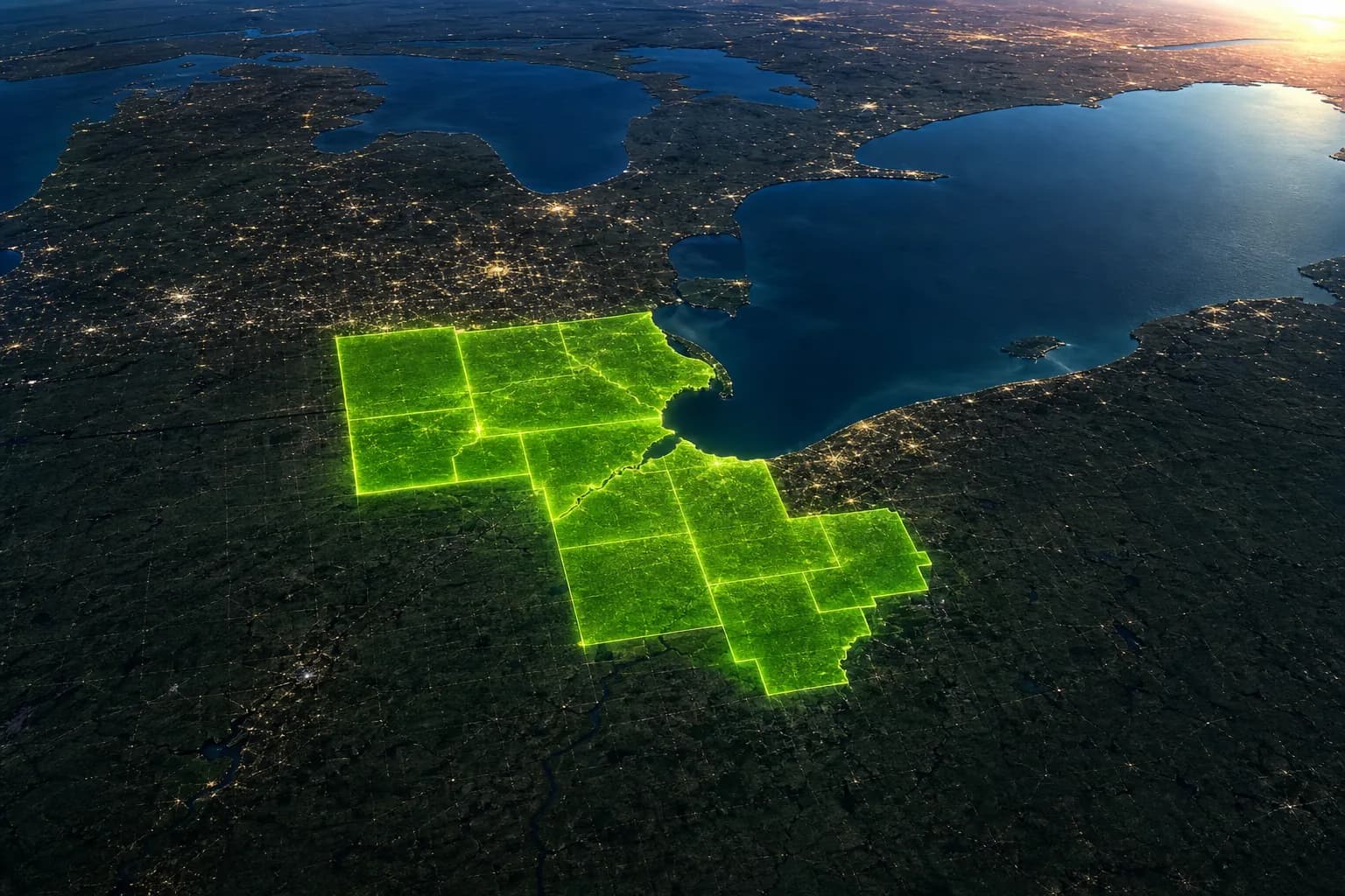 T1 Construction service area — Michigan and Ohio border counties highlighted in green